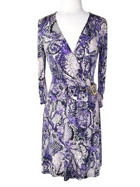 Cache Y2K Purple Snake Print True Wrap Dress Gold Hardware Medium